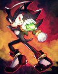  abstract_background anthro black_fur chaos_emerald clothing den255 eulipotyphlan footwear frown fur gem gloves glowing handwear hedgehog holding_object male mammal red_eyes red_fur shadow_the_hedgehog shoes solo sonic_(series) 