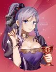  1girl bracelet breasts chocojax choker cross_choker dress earrings fire_emblem fire_emblem:_genealogy_of_the_holy_war fire_emblem_heroes gloves highres ishtar_(fire_emblem) jewelry large_breasts lavender_hair long_hair looking_at_viewer medium_breasts ponytail purple_dress purple_eyes side_ponytail silver_hair simple_background smile solo 