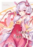  1girl amane_kurumi animal_ears azur_lane bangs bell blurry blurry_background bow bunny_ears chinese_clothes commentary_request copyright_name cover cover_page crepe depth_of_field dress eyebrows_visible_through_hair food food_on_face frilled_dress frills grey_background hair_bell hair_between_eyes hair_bow hair_ornament hairband hanfu highres holding holding_food jingle_bell laffey_(azur_lane) laffey_(new_year_rabbit)_(azur_lane) long_hair long_sleeves looking_at_viewer low_twintails open_mouth red_bow red_dress red_eyes red_hairband silver_hair solo twintails two-tone_background very_long_hair white_background 