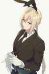  1boy adjusting_clothes adjusting_gloves alternate_costume animal_ears bedivere black_neckwear black_suit braid bunny_ears buttons cis05 commentary_request eyebrows_visible_through_hair fate/grand_order fate_(series) formal french_braid gloves green_eyes grey_hair hair_between_eyes hair_ornament hair_tubes long_hair looking_at_viewer male_focus necktie nervous nervous_smile ponytail shirt simple_background smile solo suit white_gloves white_shirt 