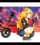  1girl ahoge alternate_costume bangs black_jacket blonde_hair blush casual cloud commentary_request contemporary denim denim_shorts eyebrows_visible_through_hair green_footwear grin ground_vehicle hair_between_eyes hand_up helmet highres holding hood hooded_jacket jacket kirisame_marisa letterboxed long_hair long_sleeves looking_at_viewer motor_vehicle motorcycle motorcycle_helmet no_hat no_headwear noritamaru open_clothes open_jacket shirt shoes shorts smile sneakers socks solo squatting star sunset touhou white_background white_shirt yellow_eyes yellow_legwear 