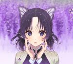  1girl bangs black_hair blurry blurry_background butterfly_hair_ornament coat droplet eyebrows_visible_through_hair flower gradient_hair hair_ornament hands_on_own_face haori japanese_clothes kimetsu_no_yaiba kochou_shinobu lips long_sleeves looking_at_viewer multicolored_hair parted_bangs parted_lips portrait purple_eyes purple_hair short_hair solo tshangen131 two-tone_hair uniform water wisteria 