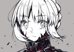  1girl aizawa85 artoria_pendragon_(all) bangs braid commentary_request eyebrows_visible_through_hair face fate/stay_night fate_(series) frown grey_background greyscale looking_at_viewer medium_hair monochrome saber_alter sketch solo tagme 