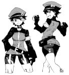  1girl armband belt bike_shorts cropped_legs fanny_pack gloves greyscale holding holding_poke_ball kingtime mole mole_under_eye monochrome poke_ball pokemon pokemon_masters pokemon_ranger_(pokemon) simple_background smile uniform white_background 