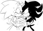  anthro black_and_white bodily_fluids clothing den255 duo eulipotyphlan eye_contact fight frown gloves handwear hedgehog looking_at_another male mammal monochrome shadow_the_hedgehog sonic_(series) sonic_the_hedgehog sweat 