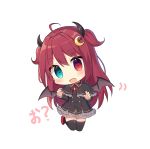  1girl :d bangs black_capelet black_dress black_legwear blue_eyes blush brown_wings capelet chibi commentary_request crescent crescent_hair_ornament demon_girl demon_horns demon_wings dress eyebrows_visible_through_hair frilled_capelet frilled_dress frills hair_between_eyes hair_ornament head_tilt heterochromia highres horns long_hair long_sleeves looking_at_viewer nijisanji open_mouth red_eyes red_footwear red_hair shoes simple_background sleeves_past_wrists smile solo thighhighs translation_request two_side_up very_long_hair virtual_youtuber white_background wings yada_(xxxadaman) yuzuki_roa 