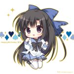  1girl :d bangs black_bow black_footwear black_hair blue_bow blue_sailor_collar blue_skirt blush bow brown_outline character_name chibi club_(shape) commentary_request diamond_(shape) eyebrows_visible_through_hair frilled_skirt frills full_body gaku_ou hair_bow hands_up happy_birthday heart long_hair long_sleeves looking_at_viewer open_mouth outline pleated_skirt purple_eyes ryuuka_sane sailor_collar school_uniform serafuku shirt shoes skirt smile solo sorano_(gaku_ou) spade_(shape) sparkle thighhighs twitter_username very_long_hair white_background white_legwear white_shirt 