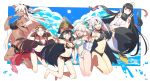  6+girls ahoge bikini black_hair blonde_hair blue_sky breasts brown_hair chacha_(fate/grand_order) cloud criss-cross_halter dark_skin detached_sleeves double_v eating fate/grand_order fate_(series) food grin halterneck highres holding_hands large_breasts medium_breasts multicolored_hair multiple_girls nagao_kagetora_(fate) navel oda_nobunaga_(swimsuit_berserker)_(fate) okita_souji_(alter)_(fate) okita_souji_(fate)_(all) okita_souji_(swimsuit_assassin)_(fate) oryou_(fate) pink_eyes pirohi_(pirohi214) popsicle red_eyes scarf sky small_breasts smile sun swimsuit two-tone_hair v white_hair yellow_eyes 