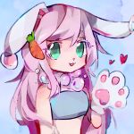  &lt;3 1:1 2019 animal_humanoid anthro biped blue_fur blush breasts bubble carrot clothed clothing digital_media_(artwork) female food fur gloves green_eyes hair handwear hi_res humanoid lagomorph leporid looking_at_viewer mammal multicolored_fur open_mouth paws pink_nose plant rabbit simple_background small_breasts smile solo soresaki teeth tongue topwear usawa_fuwakaru vegetable white_background white_fur 