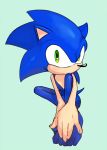  anthro barefoot blue_fur den255 eulipotyphlan fur green_background green_eyes hedgehog looking_at_viewer male mammal nude simple_background sitting solo sonic_(series) sonic_the_hedgehog 