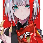  1girl admiral_graf_spee_(azur_lane) admiral_graf_spee_(maiden&#039;s_sunday)_(azur_lane) azur_lane bag_of_chips bangs blue_eyes bugles bugles_on_fingers chips eyebrows fingernails food food_on_face head_tilt highres holding looking_at_viewer multicolored multicolored_background multicolored_eyes multicolored_hair nail_polish necktie ram_(ramlabo) red_background red_hair red_neckwear short_hair short_hair_with_long_locks silver_hair solo two-tone_hair upper_body white_background 
