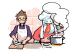  1boy 1other apron chef_hat cooking cutting_board final_fantasy final_fantasy_ix final_fantasy_xv glasses hat highres ignis_scientia knife looking_at_another midorin_hd onion pot quina_quen smile spiked_hair steam stirring stove tongue tongue_out upper_body 