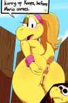  2016 anthro anus big_butt blonde_hair blush bodily_fluids butt cloud cutaway dialogue duo english_text female fence hair hand_on_butt hi_res koopa koopa_troopa koopie_koo koops long_hair looking_back male mario_bros nervous nintendo nude outside paper_mario ponytail presenting puffy_anus pussy reptile scalie shell-less stare sweat text text_box thehumancopier video_games 
