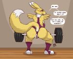  2019 5:4 anthro anus bent_over big_butt bodily_fluids breasts butt canid canine clothed clothing digimon digimon_(species) exercise female fur hi_res hyenatig_(artist) looking_at_viewer mammal presenting presenting_hindquarters presenting_pussy pussy renamon solo standing sweat text thick_thighs weightlifting weights workout yellow_fur 