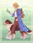 1girl ankle_wings backpack bag bandaged_fingers bandages blonde_hair blue_eyes bracelet braid breasts cellphone collie_(dog) commentary contemporary denim dog ear_piercing earrings english_commentary eunnieboo french_braid from_side hand_in_pocket highres jeans jewelry long_coat map pants phone piercing pointy_ears princess_zelda shoes short_hair smartphone sneakers solo the_legend_of_zelda the_legend_of_zelda:_breath_of_the_wild the_legend_of_zelda:_breath_of_the_wild_2 torn_clothes torn_jeans torn_pants walking 