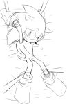 anthro arms_above_head bed black_and_white blush bound clothing den255 eulipotyphlan gloves hands_tied handwear hedgehog legwear looking_at_viewer lying male mammal monochrome on_back on_bed sketch socks solo sonic_(series) sonic_the_hedgehog 