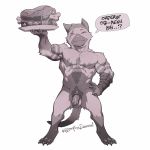  1:1 abs anthro balls bonfiredemon capcom claws eye_scar felid feline flaccid food fur looking_at_viewer male mammal meowscular_chef monster_hunter muscular muscular_male nude pecs penis scar simple_background solo standing video_games white_background 