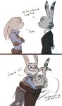  ambiguous_gender anthro brother clothing dialogue disney duo hug jack_savage judy_hopps lagomorph leporid mammal rabbit sibling sister unknown_artist zootopia 