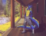  2019 anthro barefoot clothed clothing day detailed_background digital_media_(artwork) dragon hi_res looking_at_viewer male outside phation smile solo spines topless wingless_dragon 