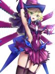  1girl arm_up black_legwear blonde_hair blush carol_malus_dienheim elbow_gloves gloves green_eyes hat highres long_hair looking_at_viewer mizya mole mole_under_eye open_mouth purple_gloves senki_zesshou_symphogear shiny shiny_hair shiny_skin side_cutout simple_background skirt solo standing thighhighs white_background 