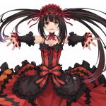  bangs black_hair blunt_bangs breasts choker cleavage clock_eyes date_a_live detached_sleeves eyebrows_visible_through_hair gothic_lolita hairband heterochromia lolita_fashion lolita_hairband medium_breasts outstretched_arms pak_ce symbol-shaped_pupils tokisaki_kurumi twintails uneven_twintails white_background 