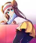  1girl black_legwear blue_eyes brown_hair double_bun leaning_forward long_hair looking_at_viewer looking_back mei_(pokemon) pantyhose poke_ball poke_ball_(generic) pokemon skirt smile solo twintails visor_cap yellow_skirt z.nov 