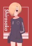  1girl absurdres black_shirt blonde_hair blush closed_mouth earrings expressionless eyebrows hair_over_one_eye highres idolmaster idolmaster_cinderella_girls jacy jewelry long_sleeves looking_at_viewer parody red_background red_eyes shirasaka_koume shirt sleeves_past_wrists solo supreme 