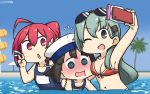  3girls @_@ aqua_hair black_eyes black_hair blue_eyes blue_sky blue_swimsuit blush bob_cut breasts cellphone cleavage commentary_request cowboy_shot daitou_(kantai_collection) dated day eyewear_on_head flying_sweatdrops gradient_sky hair_ornament hair_ribbon hairclip hamu_koutarou hat high_ponytail highres i-168_(kantai_collection) kantai_collection long_hair medium_breasts multiple_girls name_tag one_eye_closed open_mouth outdoors palm_tree phone pink_hair ponytail red_hair ribbon sailor_hat school_swimsuit self_shot short_hair sidelocks sky sunglasses suzuya_(kantai_collection) swimsuit tree triangle_mouth v water water_slide white_headwear x_navel 