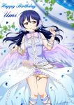  1girl absurdres bangs birthday blue_hair character_name commentary_request english_text feathered_wings feathers flower hair_between_eyes hair_flower hair_ornament hairclip happy_birthday highres long_hair looking_at_viewer love_live! love_live!_school_idol_festival love_live!_school_idol_project lying microphone on_back on_floor parted_lips petals ribbon shiratama_(siratama_ll) smile solo sonoda_umi white_wings wings x_hair_ornament yellow_eyes 