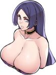  1girl bangs bare_shoulders bikini bl00d_h00d blush breasts choker cleavage collarbone eyepatch_bikini fate/grand_order fate_(series) from_above highres huge_breasts long_hair looking_at_viewer minamoto_no_raikou_(fate/grand_order) minamoto_no_raikou_(swimsuit_lancer)_(fate) parted_bangs parted_lips purple_bikini purple_eyes purple_hair swimsuit thick_eyebrows very_long_hair 