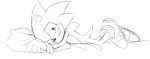  anthro bed black_and_white blush clothing den255 eulipotyphlan footwear gloves grin handwear hedgehog looking_at_viewer lying male mammal monochrome on_bed on_side pillow shoes sketch smile solo sonic_(series) sonic_the_hedgehog 