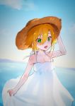  1boy blonde_hair blush cr-r crossdressing dress green_eyes hair_between_eyes hat looking_at_viewer male_focus nijisanji open_mouth otoko_no_ko straw_hat sun_hat sundress uzuki_kou virtual_youtuber white_dress 