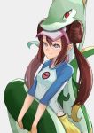  1girl blue_eyes brown_hair double_bun gen_5_pokemon hank10111213 long_hair looking_at_viewer mei_(pokemon) pokemon pokemon_(creature) pokemon_(game) pokemon_bw2 red_eyes serperior shirt sidelocks simple_background skirt smile t-shirt twintails visor_cap yellow_skirt 