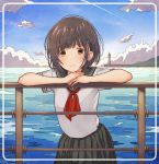  1girl absurdres black_hair black_skirt blue_sky blush closed_mouth cloud day eyebrows_visible_through_hair highres lighthouse looking_at_viewer neckerchief original outdoors railing red_neckwear school_uniform short_hair short_sleeves skirt sky smile solo tanbonota46 water 