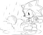  anthro black_and_white black_eyes boots clothing cub den255 eulipotyphlan footwear gloves handwear hedgehog male mammal monochrome outside plant puddle raincoat raining shrub solo sonic_(series) sonic_the_hedgehog standing water young 