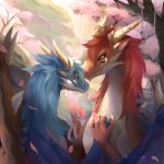  1:1 ambiguous_gender blue_fur dragon duo fur furred_dragon hi_res horn petals red_fur rhythmpopfox tree 