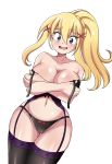  1girl absurdres bare_shoulders black_legwear black_panties blonde_hair blue_eyes blush breasts cleavage collarbone cowboy_shot darkness_(konosuba) eyebrows_visible_through_hair garter_belt hair_between_eyes hair_ribbon highres kono_subarashii_sekai_ni_shukufuku_wo! large_breasts lingerie long_hair looking_at_viewer narrow_waist navel open_mouth panties ponytail ribbon sidelocks simple_background smile solo sweatdrop thighhighs underwear underwear_only white_background zanatemx 