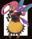  1girl crobat dark_skin earrings hair_rings highres hug jewelry pink_hair pokemon pokemon_(creature) pokemon_masters punk_girl_(pokemon) skirt twintails umiro yellow_skirt 