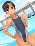  1girl absurdres androgynous ass_visible_through_thighs black_eyes black_hair blue_sky cloud collarbone competition_swimsuit contrapposto day dutch_angle eyebrows_visible_through_hair flat_chest grey_swimsuit grin highres looking_at_viewer one-piece_swimsuit original outdoors pool short_hair sky smile solo standing swimsuit takafumi tan 