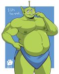  alien anthro anthrofied blush disney hi_res little_green_man_(toy_story) male moobs muscular overweight pixar smile solo text the_purple_wolf_guy toy_story 