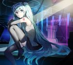  1girl aqua_eyes aqua_hair bangs bare_shoulders blue_eyes blue_hair blue_neckwear breasts closed_mouth commentary detached_sleeves hair_between_eyes hair_ornament hatsune_miku highres light long_hair looking_at_viewer misoni_comi necktie shadow shoulder_tattoo sitting skirt solo tattoo thighhighs twintails very_long_hair vocaloid zettai_ryouiki 