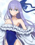  &gt;:) 1girl bangs bare_shoulders blue_bow blue_choker blue_eyes blue_swimsuit bow choker closed_mouth collarbone commentary_request covered_navel eyebrows_visible_through_hair fate/grand_order fate_(series) groin hair_between_eyes hair_bow hinomaru_(futagun) long_hair long_sleeves meltryllis meltryllis_(swimsuit_lancer)_(fate) puffy_long_sleeves puffy_sleeves purple_hair sleeves_past_fingers sleeves_past_wrists smile solo strapless strapless_swimsuit swimsuit v-shaped_eyebrows very_long_hair 