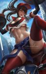  1girl blue_sky breasts brown_hair building choker city cityscape cleavage cloud cropped_shirt elbow_gloves english_commentary food from_below gloves hat holding holding_food large_breasts league_of_legends lexaiduer midriff navel outdoors parted_lips pizza pizza_delivery pizza_delivery_sivir ponytail red_eyes red_lips short_sleeves sitting sivir sky skyscraper spread_legs thighhighs thighs tied_sweater toned tray underboob 