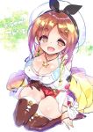  1girl :d atelier_(series) atelier_ryza blouse boots breasts brown_eyes brown_footwear brown_hair cleavage copyright_name fujishima-sei_ichi-gou full_body gloves hair_ornament hairclip highres jewelry kneeling large_breasts looking_at_viewer necklace open_mouth red_shorts reisalin_stout shiny shiny_skin short_hair short_shorts shorts single_glove smile solo star star_necklace thigh_boots thighhighs white_blouse white_headwear 