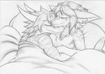  2014 anthro bed drekiin duo greyscale horn hug male monochrome nirvana3 nude on_bed pillow signature sleeping slyger_magreiva vhaire_(scheibe) 