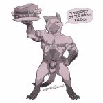  1:1 abs anthro balls bonfiredemon capcom claws erection eye_scar felid feline food fur looking_at_viewer male mammal meowscular_chef monster_hunter muscular muscular_male nipples nude pecs scar simple_background solo video_games white_background 