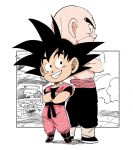 2boys arena bald black_eyes black_hair black_pants boots building chibi clenched_teeth commentary_request crossed_arms dougi dragon_ball dragon_ball_(classic) fenyon full_body grin height_difference looking_at_another looking_back male_focus multiple_boys outdoors outside_border pants profile shadow shirtless simple_background smile son_gokuu spiked_hair standing sweatpants teeth tenshinhan twitter_username white_background wristband 