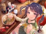  1girl blue_eyes blush bowl chopsticks cup cup_ramen eating egg food from_above hair_ornament hair_ribbon holding holding_bowl holding_chopsticks ikezaki_misa in_food kamaboko lips long_hair low_twintails meandros meat narutomaki noodles nori_(seaweed) open_mouth original ramen restaurant ribbon short_twintails skirt smile solo soup spoon table tongue twintails two_side_up udon uniform 