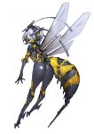  1girl antennae bee_girl bodysuit commentary_request full_body gas_mask hairband insect_girl insect_wings looking_at_viewer looking_back mask mecha_musume mogumo original plantar_flexion red_eyes short_hair solo stinger white_background white_hair wings 