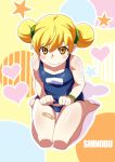  1girl barefoot blush_stickers double_bun fang fang_out gesugesu_ahoaho hair_between_eyes lifted_by_self looking_at_viewer monogatari_(series) one-piece_swimsuit oshino_shinobu ponytail school_swimsuit seiza sitting smile solo swimsuit yellow_eyes 